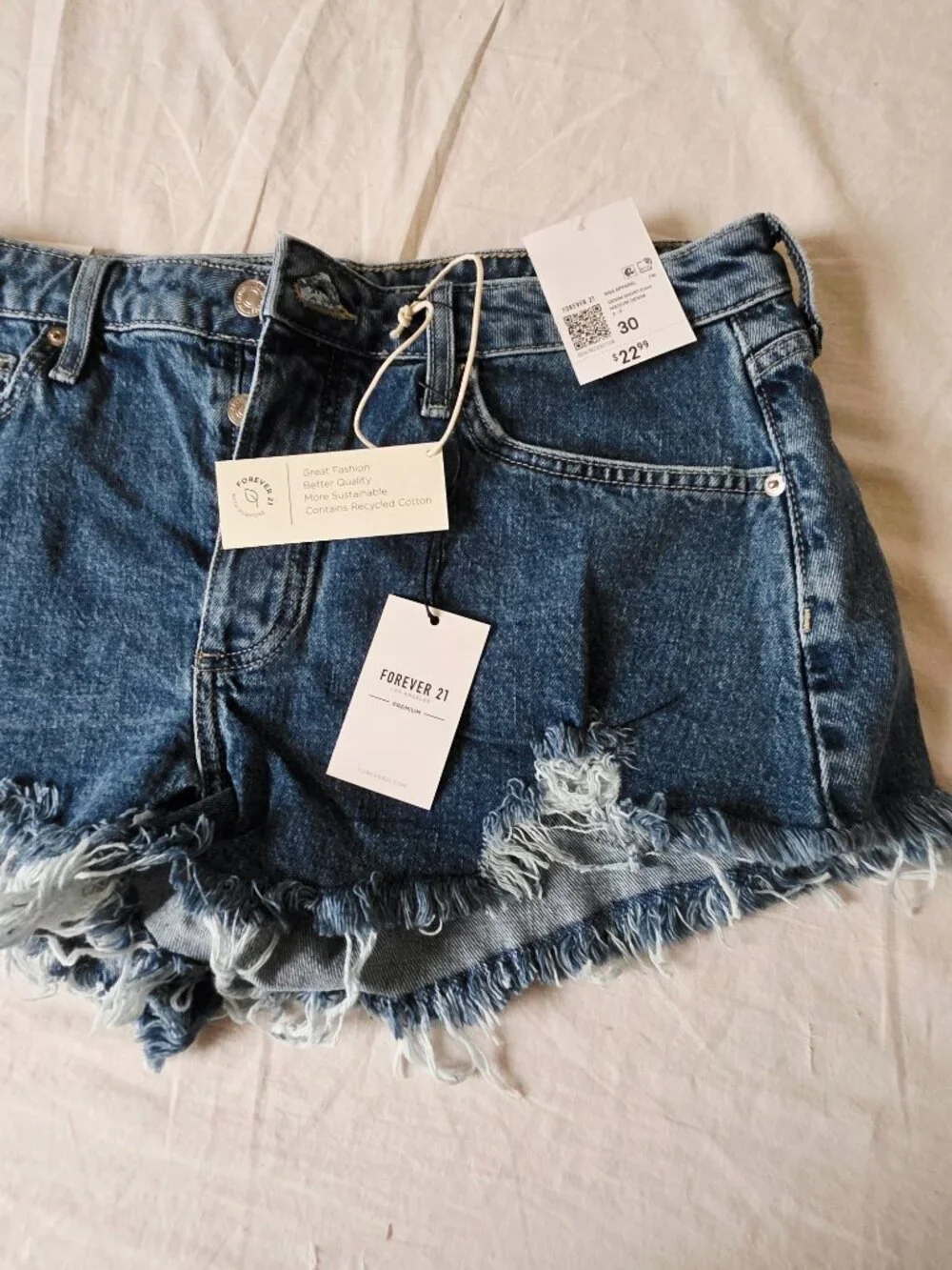 NWT! Forever 21 Recycled Cotton Jean Shorts with Ragged Hem & Button Closure